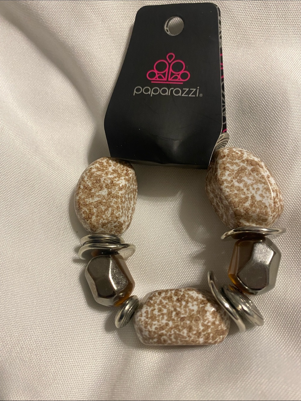 paparazzi Cream and Brown Speckled Bead Stretch Bracelet with Silver Accents